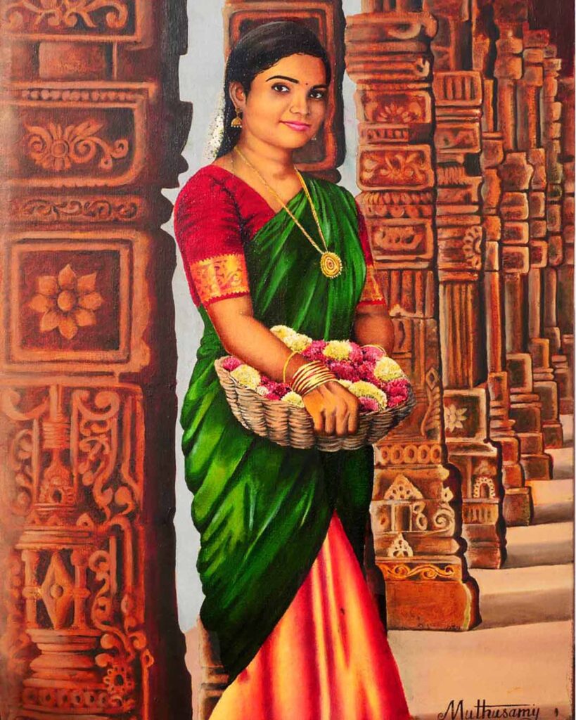 flower-woman-temple-art-painting