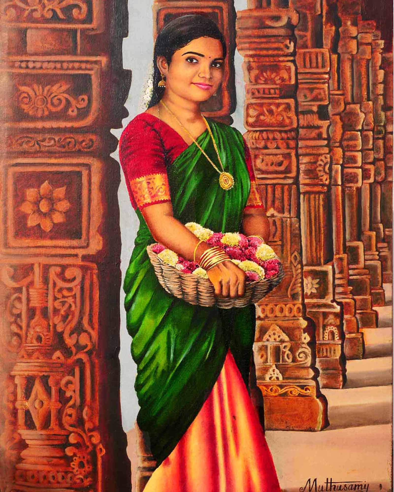 flower-woman-temple-art-painting