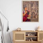 Prayer to God portrays a Tamil traditional woman offering prayers in a temple, surrounded by sacred sculptures and timeless architecture. The artwork beautifully captures devotion, spirituality, and cultural heritage.