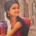 Prayer to God portrays a Tamil traditional woman offering prayers in a temple, surrounded by sacred sculptures and timeless architecture. The artwork beautifully captures devotion, spirituality, and cultural heritage.