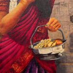 Prayer to God portrays a Tamil traditional woman offering prayers in a temple, surrounded by sacred sculptures and timeless architecture. The artwork beautifully captures devotion, spirituality, and cultural heritage.