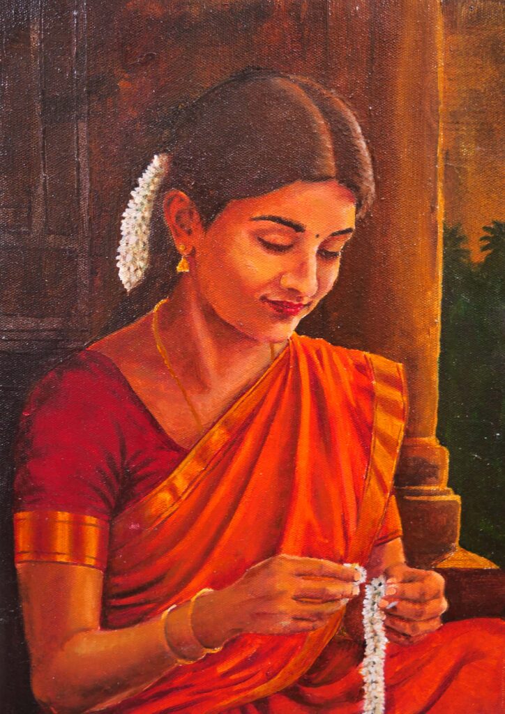 Tamil woman making a jasmine garland in a traditional setting